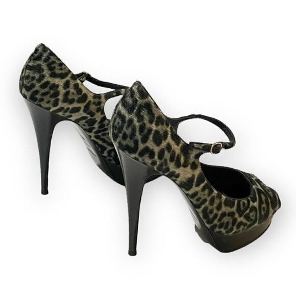 YSL Yves Saint Laurent Tribute Too 105 Mary Jane Peep Toe Pumps, Pony Leopard - Picture 8 of 16